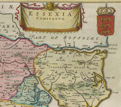 Old Map of Essex, 1665 by Joan Blaeu - Southend, Colchester, Chelmsford, Basildon, Romford, Braintree, North London
