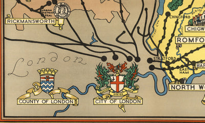 Ancienne carte d'Essex, Suffolk, Hertfordshire, 1948 - Tableau de chemin de fer britannique - Colchester, Southend, St Albans