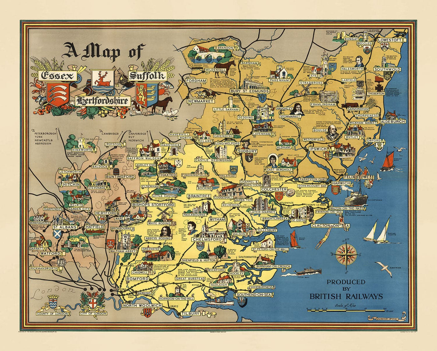Ancienne carte d'Essex, Suffolk, Hertfordshire, 1948 - Tableau de chemin de fer britannique - Colchester, Southend, St Albans