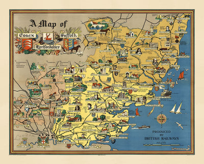 Ancienne carte d'Essex, Suffolk, Hertfordshire, 1948 - Tableau de chemin de fer britannique - Colchester, Southend, St Albans