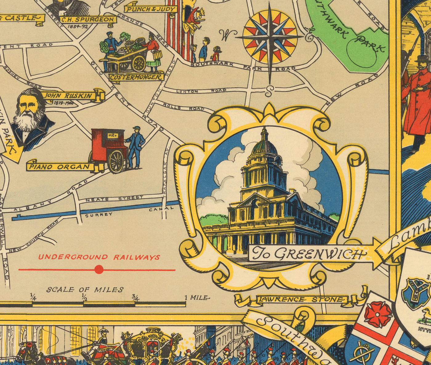 Mapa antiguo de Central Londres, 1951 - Festival de Gran Bretaña, Royal Festival Hall, Lugares de interés, South Bank