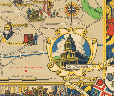 Mapa antiguo de Central Londres, 1951 - Festival de Gran Bretaña, Royal Festival Hall, Lugares de interés, South Bank