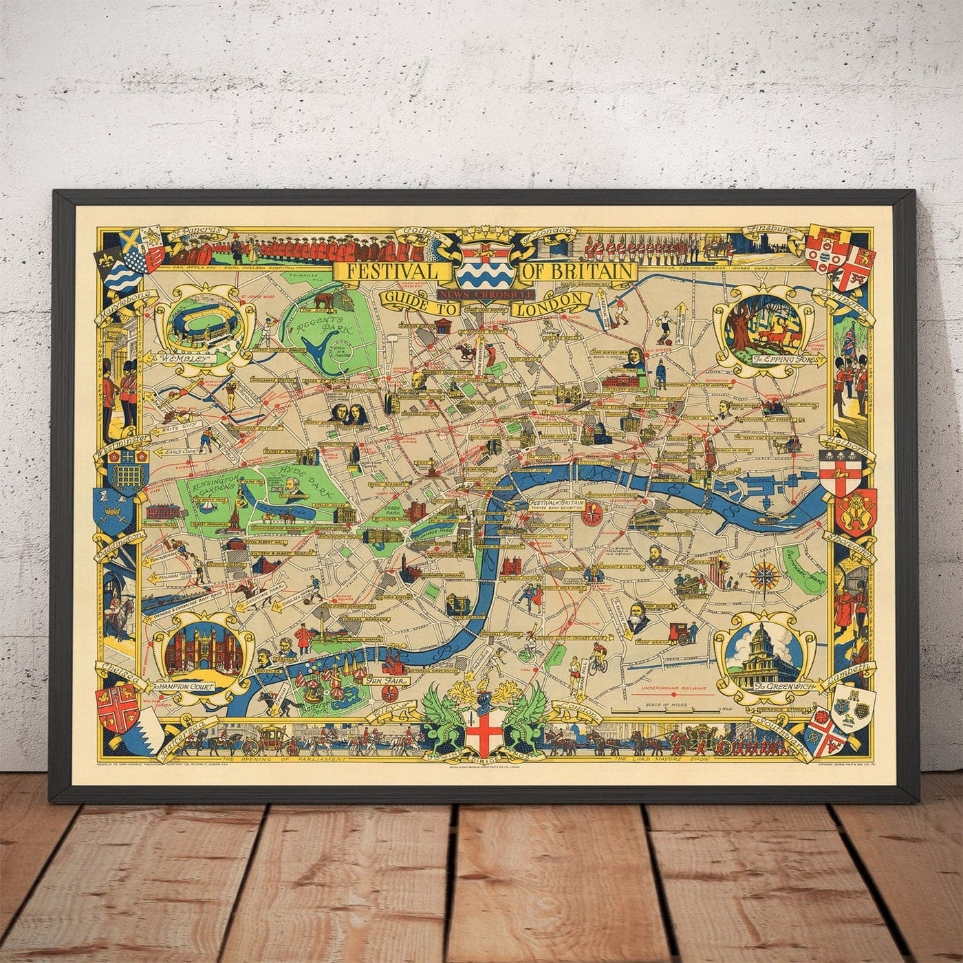 Mapa antiguo de Central Londres, 1951 - Festival de Gran Bretaña, Royal Festival Hall, Lugares de interés, South Bank