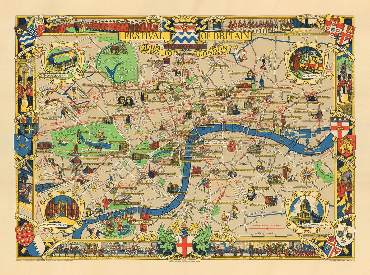 Mapa antiguo de Central Londres, 1951 - Festival de Gran Bretaña, Royal Festival Hall, Lugares de interés, South Bank