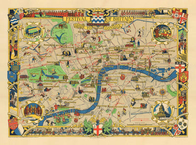 Mapa antiguo de Central Londres, 1951 - Festival de Gran Bretaña, Royal Festival Hall, Lugares de interés, South Bank