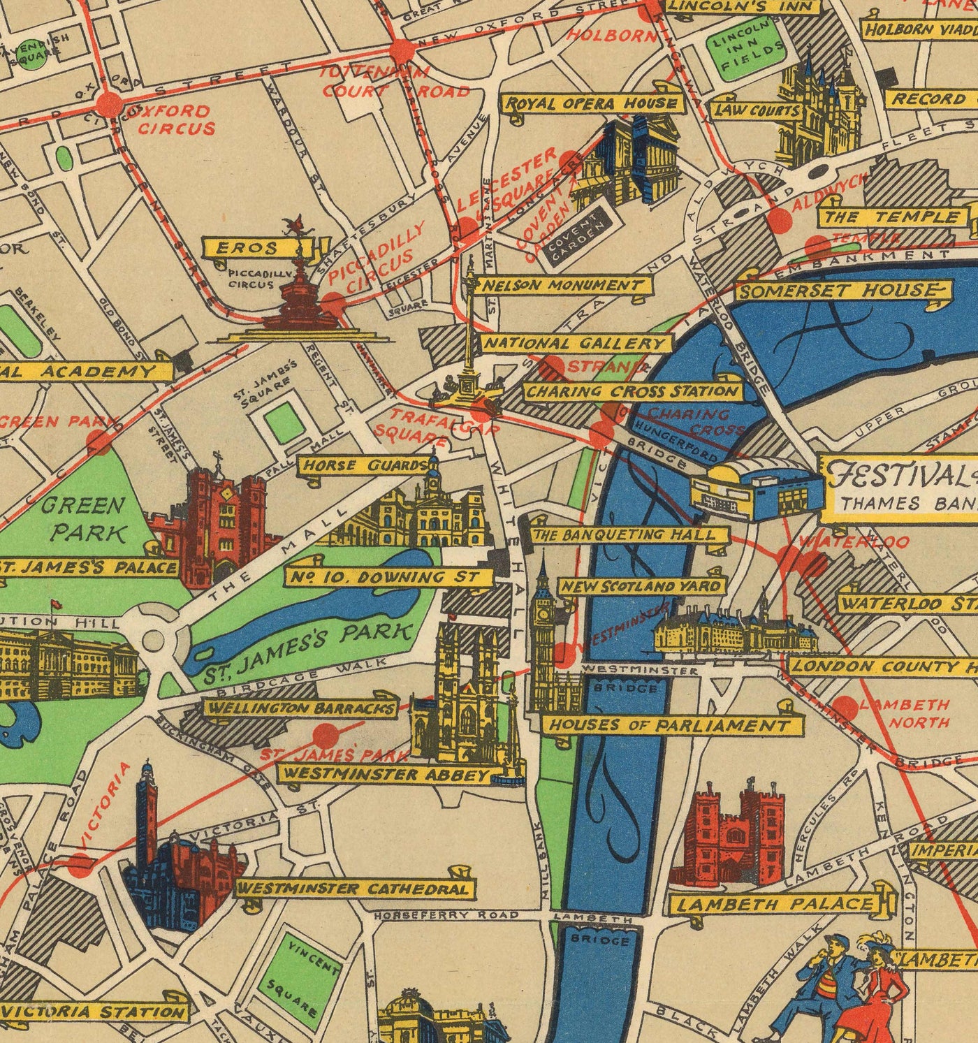Mapa antiguo de Central Londres, 1951 - Festival de Gran Bretaña, Royal Festival Hall, Lugares de interés, South Bank
