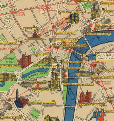 Mapa antiguo de Central Londres, 1951 - Festival de Gran Bretaña, Royal Festival Hall, Lugares de interés, South Bank