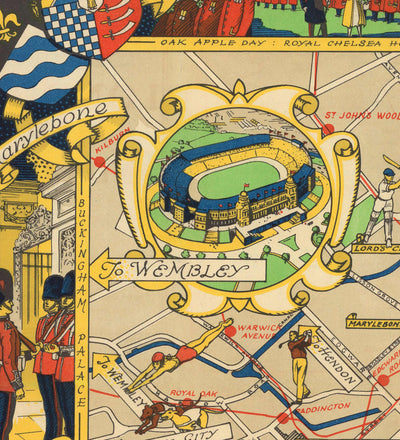 Mapa antiguo de Central Londres, 1951 - Festival de Gran Bretaña, Royal Festival Hall, Lugares de interés, South Bank