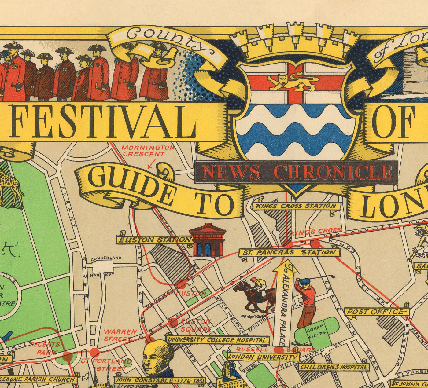 Mapa antiguo de Central Londres, 1951 - Festival de Gran Bretaña, Royal Festival Hall, Lugares de interés, South Bank