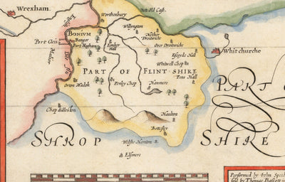 Alte Karte von Flintshire, Wales, 1611 von John Speed - Flint, Mold, Chester, Wrexham 
