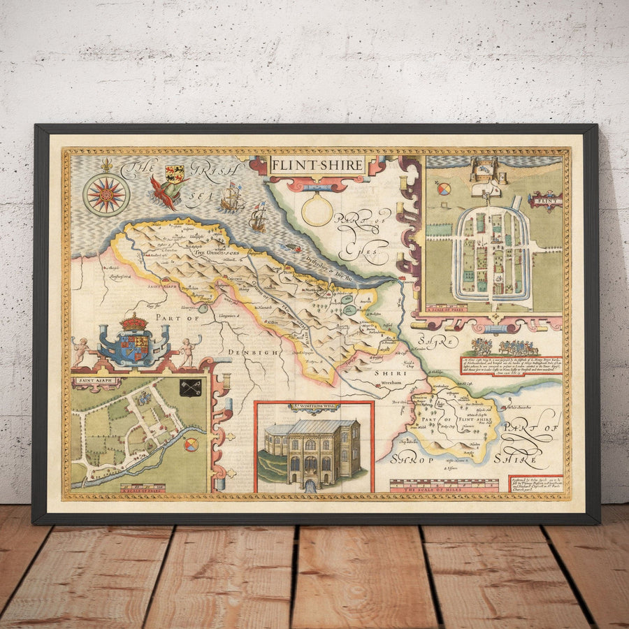 Mappa antica del Flintshire in Galles, 1611 di John Speed - Flint, Mold, Chester, Wrexham 