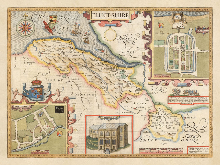 Mappa antica del Flintshire in Galles, 1611 di John Speed - Flint, Mold, Chester, Wrexham 