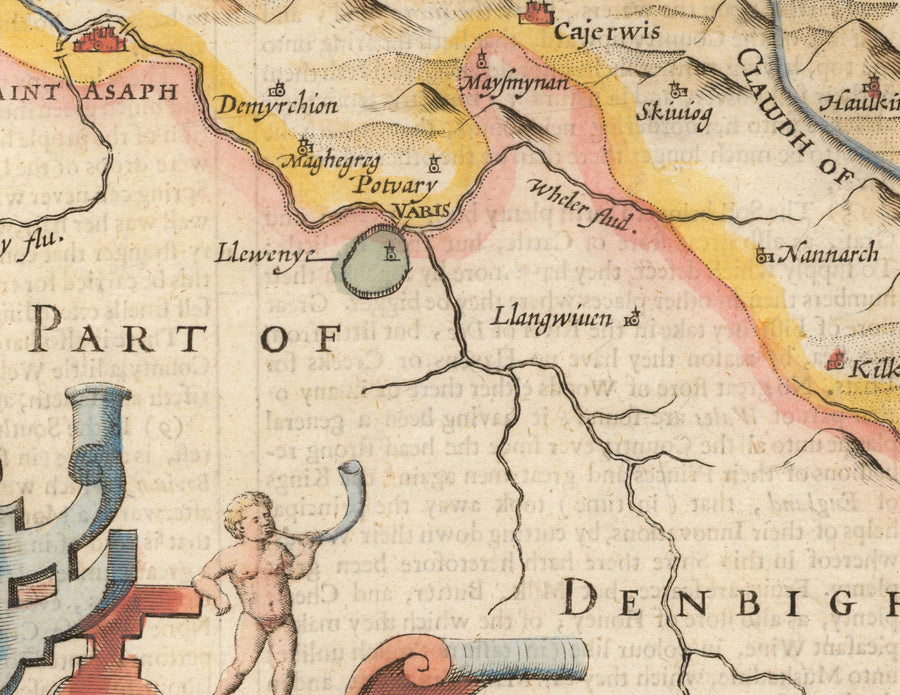 Mappa antica del Flintshire in Galles, 1611 di John Speed - Flint, Mold, Chester, Wrexham 