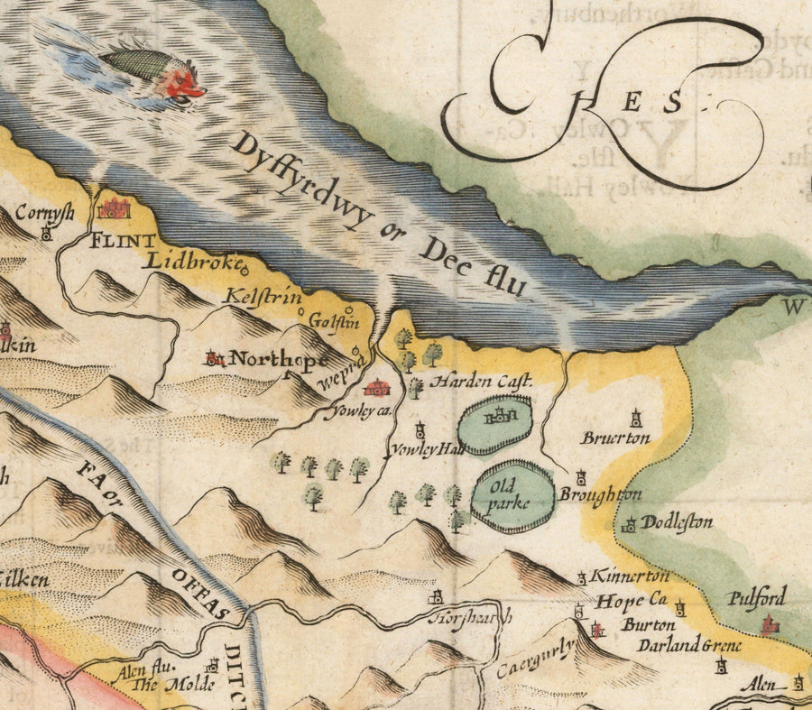 Mappa antica del Flintshire in Galles, 1611 di John Speed - Flint, Mold, Chester, Wrexham 