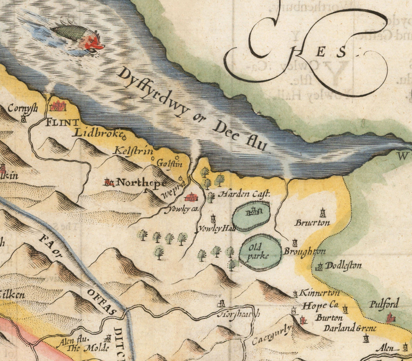 Alte Karte von Flintshire, Wales, 1611 von John Speed - Flint, Mold, Chester, Wrexham 