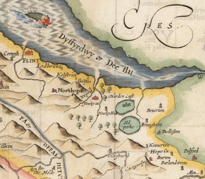 Alte Karte von Flintshire, Wales, 1611 von John Speed - Flint, Mold, Chester, Wrexham 