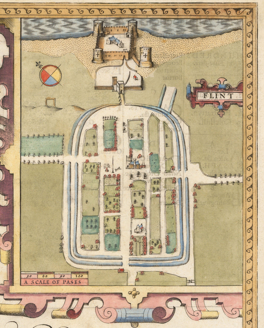 Mappa antica del Flintshire in Galles, 1611 di John Speed - Flint, Mold, Chester, Wrexham 