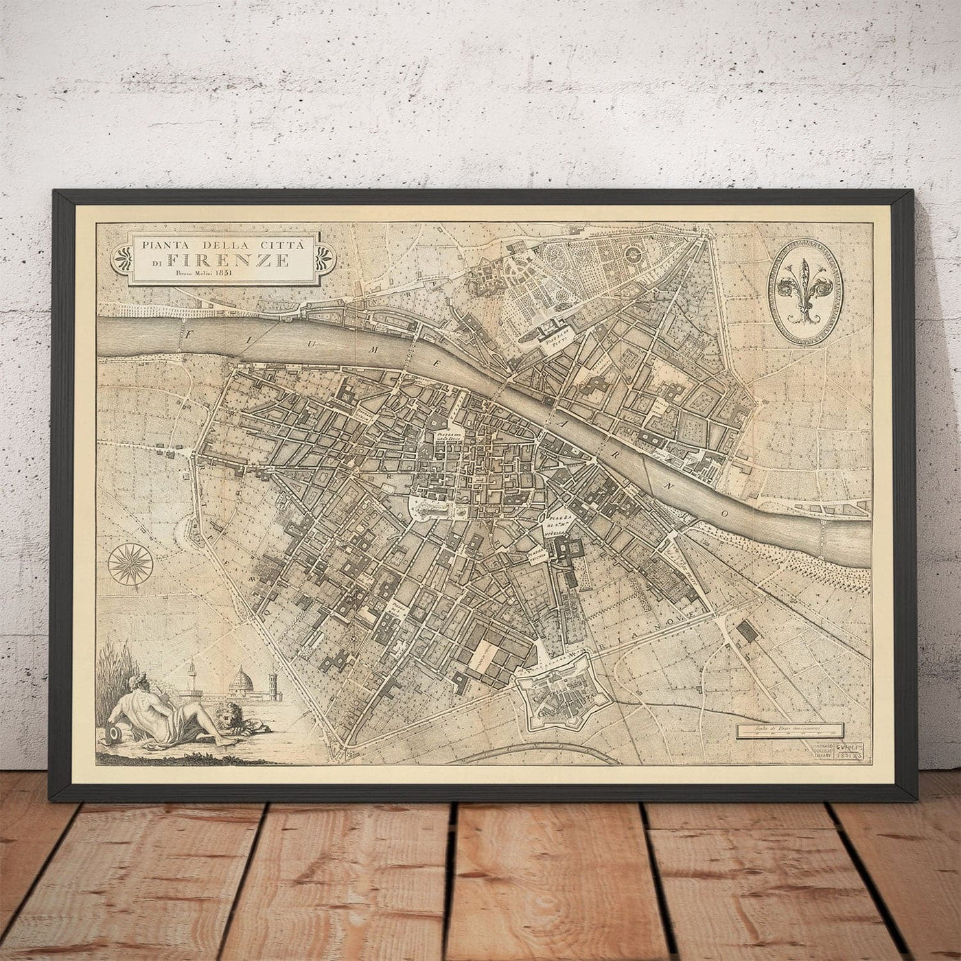 Old Map of Florence, Firenze, 1847 by Molini & Ruggieri - Uffizi, Santa Croce, Santo Spirito, Duomo, Piazzas, Palazzos, Ponte Vecchio