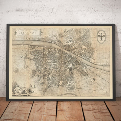 Old Map of Florence, Firenze, 1847 by Molini & Ruggieri - Uffizi, Santa Croce, Santo Spirito, Duomo, Piazzas, Palazzos, Ponte Vecchio