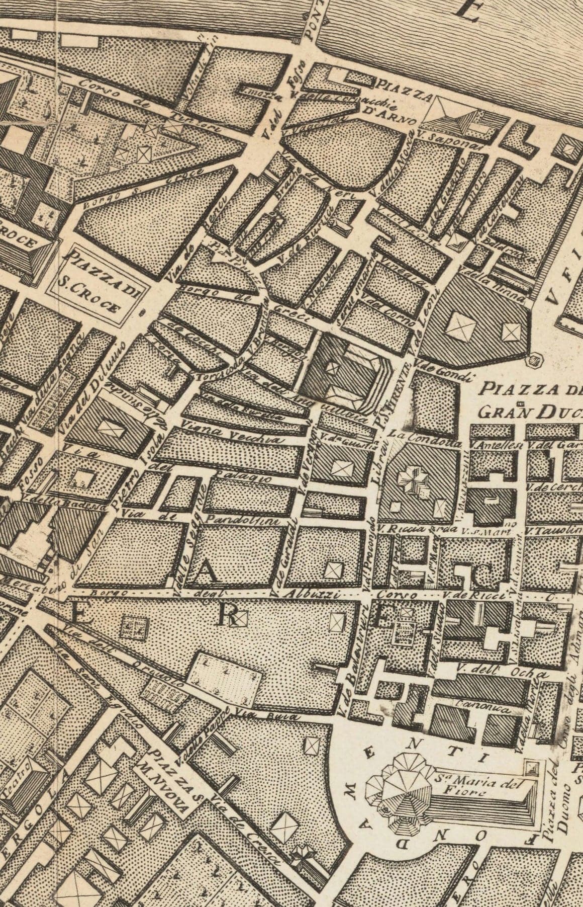 Old Map of Florence, Firenze, 1847 by Molini & Ruggieri - Uffizi, Santa Croce, Santo Spirito, Duomo, Piazzas, Palazzos, Ponte Vecchio