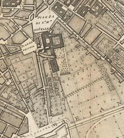 Old Map of Florence, Firenze, 1847 by Molini & Ruggieri - Uffizi, Santa Croce, Santo Spirito, Duomo, Piazzas, Palazzos, Ponte Vecchio
