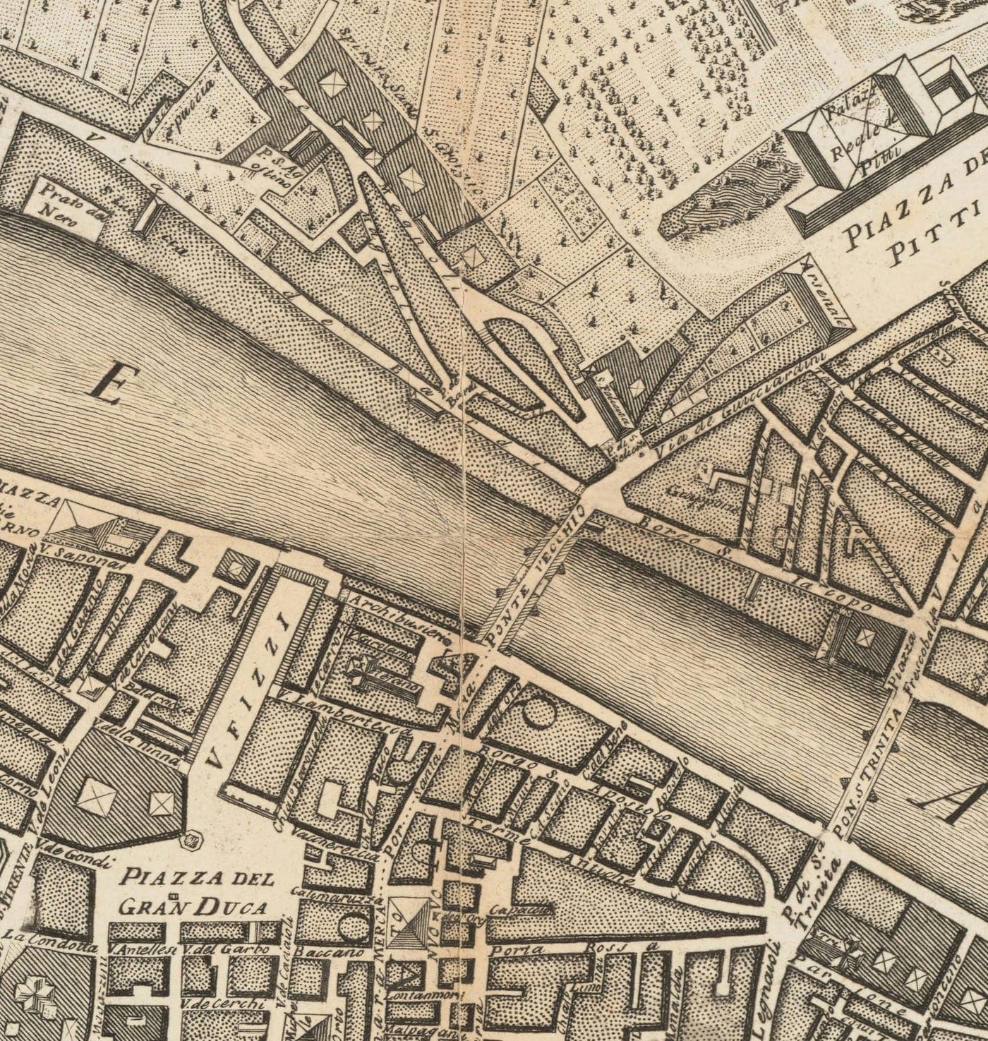 Old Map of Florence, Firenze, 1847 by Molini & Ruggieri - Uffizi, Santa Croce, Santo Spirito, Duomo, Piazzas, Palazzos, Ponte Vecchio