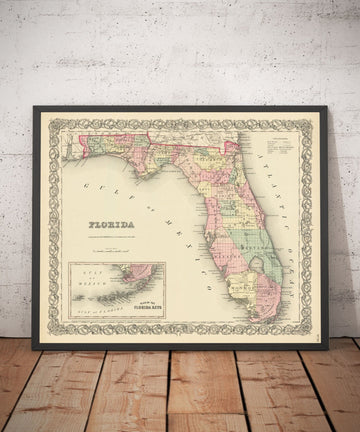 Mappa antica della Florida nel 1855 di Colton - Keys, Panhandle, Jacksonville, Tampa, Dade, Tallahassee, Ft Lauderdale 