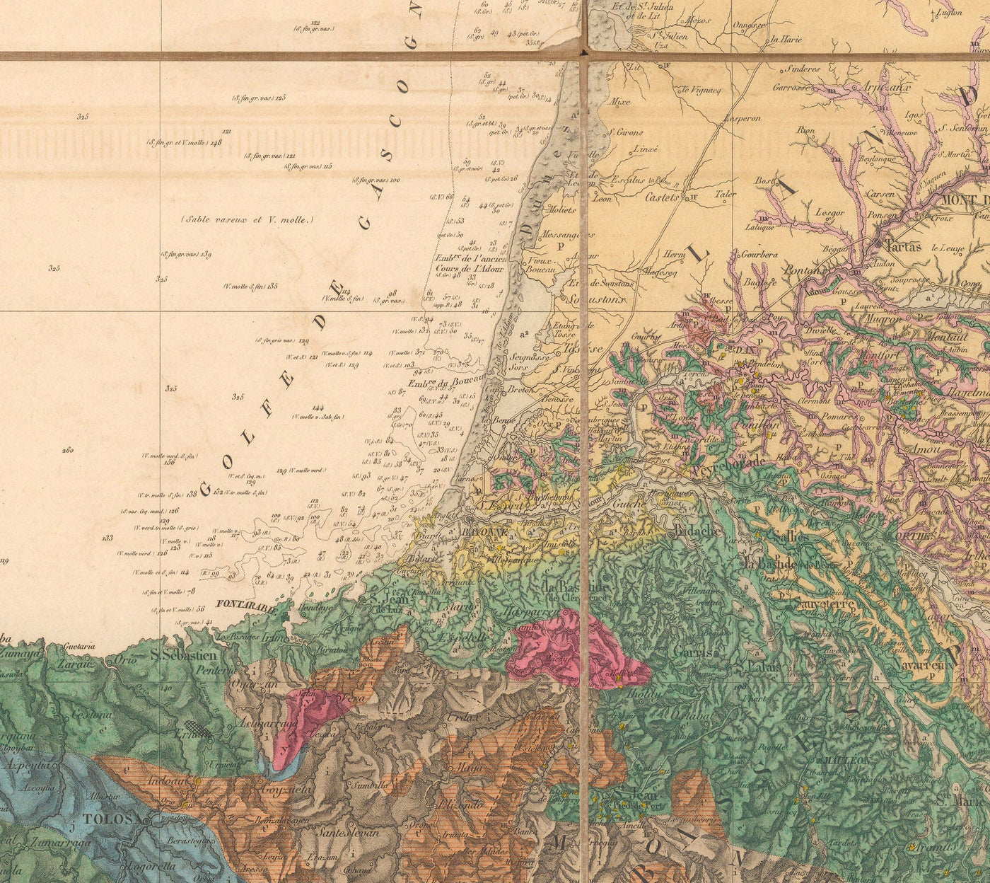Old Geological Map of France, 1840 by André Brochant de Villiers - Western Europe, Belgium