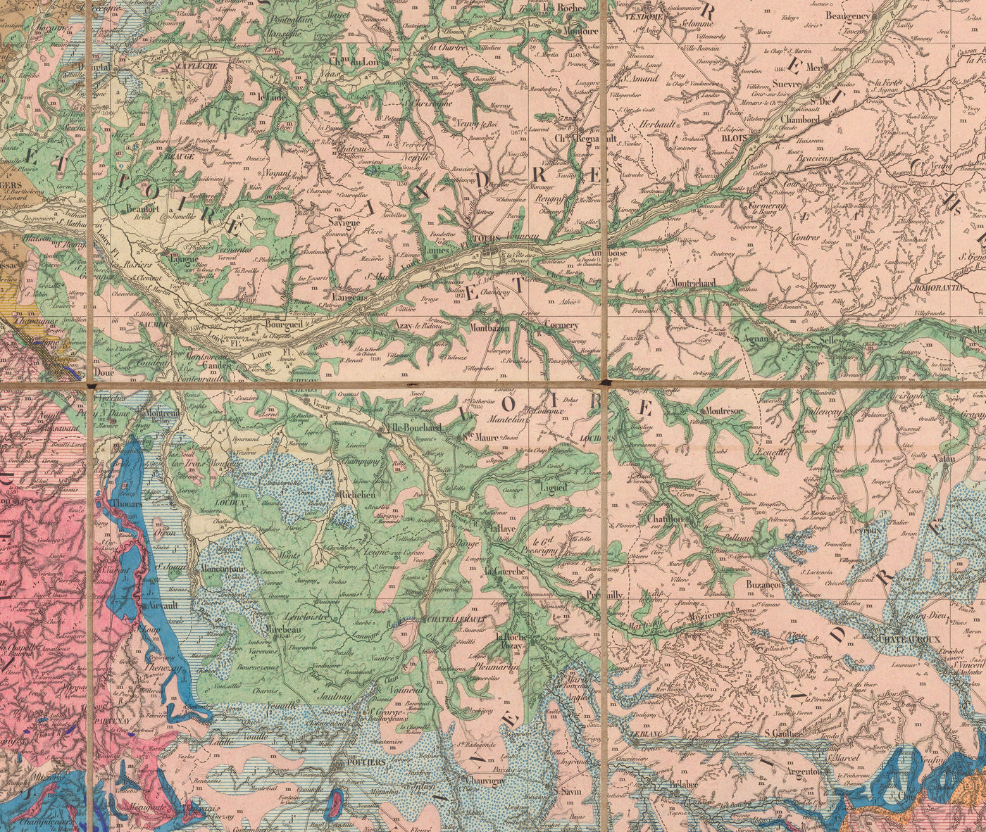 Old Geological Map of France, 1840 by André Brochant de Villiers - Western Europe, Belgium