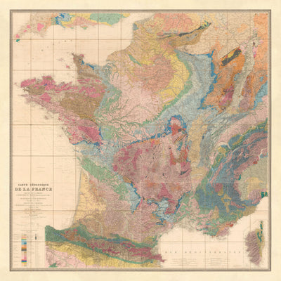 Old Geological Map of France, 1840 by André Brochant de Villiers - Western Europe, Belgium