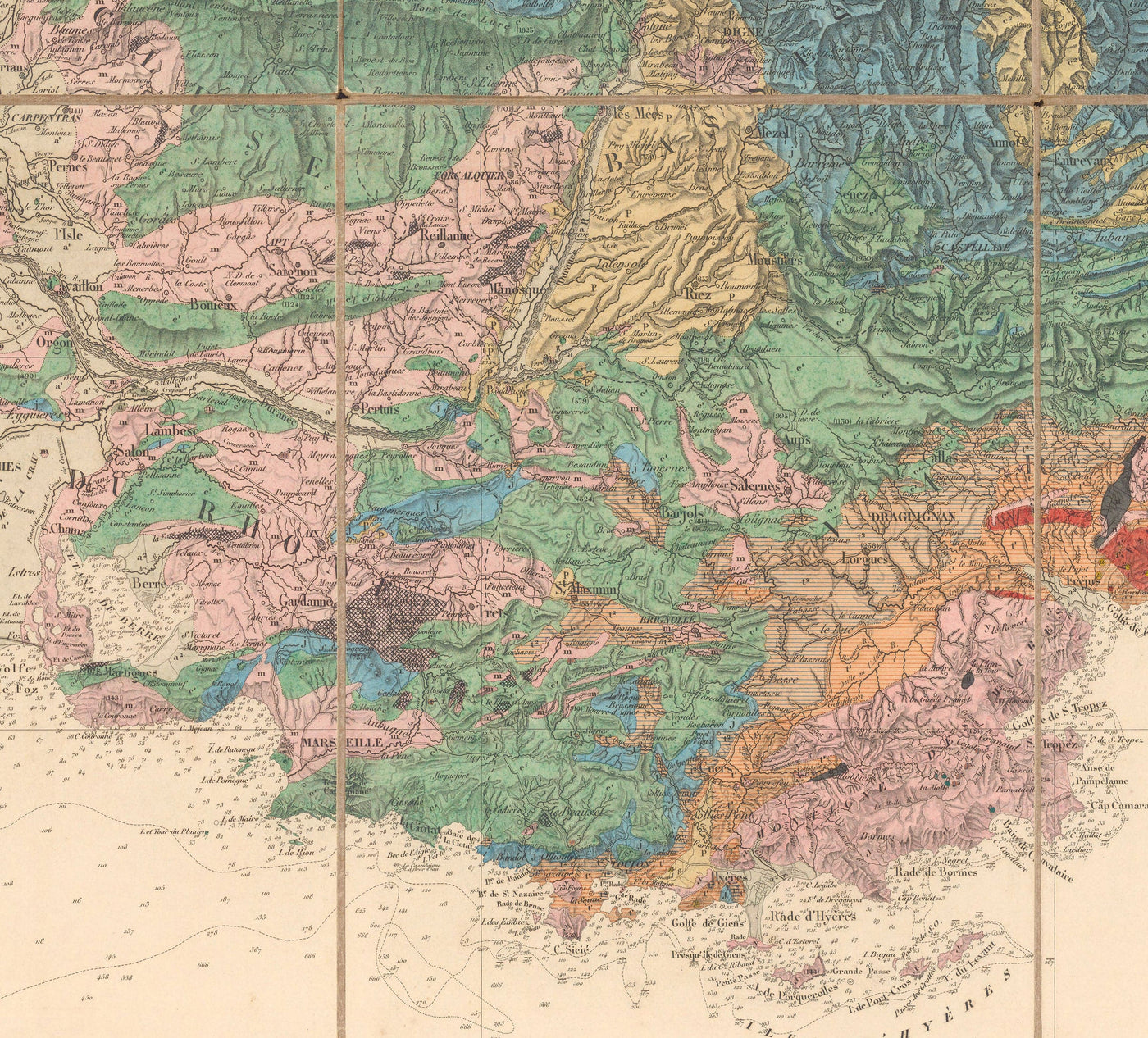 Old Geological Map of France, 1840 by André Brochant de Villiers - Western Europe, Belgium