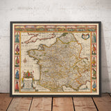 Old Handcoloured Map of France, 1627 by John Speed - Belgium, Normandy, Brittany, Cote d'Azur, Pyrenees