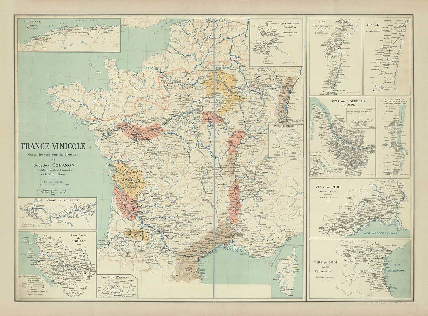 Alte Karte der französischen Weinbaugebiete, 1924 - Bordeaux, Rhône, Champagne, Burgund, Elsass, Cognac 