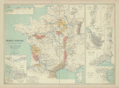 Alte Karte der französischen Weinbaugebiete, 1924 - Bordeaux, Rhône, Champagne, Burgund, Elsass, Cognac 