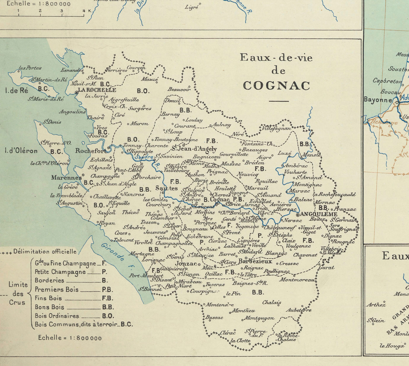 Alte Karte der französischen Weinbaugebiete, 1924 - Bordeaux, Rhône, Champagne, Burgund, Elsass, Cognac 