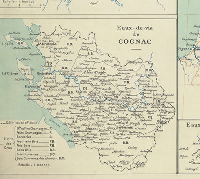 Alte Karte der französischen Weinbaugebiete, 1924 - Bordeaux, Rhône, Champagne, Burgund, Elsass, Cognac 
