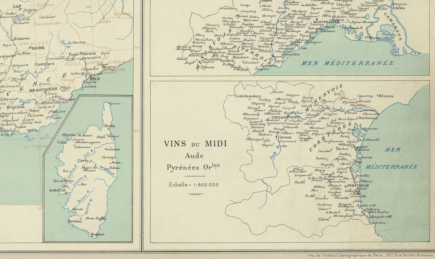 Alte Karte der französischen Weinbaugebiete, 1924 - Bordeaux, Rhône, Champagne, Burgund, Elsass, Cognac 
