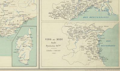 Alte Karte der französischen Weinbaugebiete, 1924 - Bordeaux, Rhône, Champagne, Burgund, Elsass, Cognac 