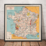 Mappa gastronomica antica della Francia nel 1932 di Alain Bourguignon - Cibo francese, Michelin, Champagne, Bordeaux, Burro, Formaggio, ecc. 