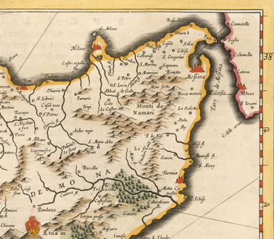 Mapa antiguo de Sicilia en 1640 por Willem Blaeu - Palermo, Catania, Marsala, Mediterráneo, Messina