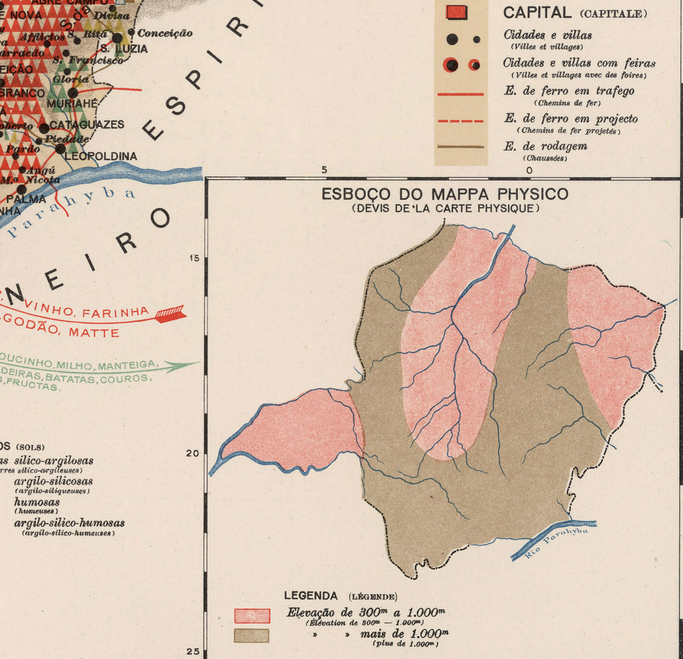 Mapa antiguo de Minas Gerais, Brasil en 1908 - Agricultura, Geología, Rocas, Suelo - Belo Horizonte, Uberlandia, Uberaba, Juiz de Fora, Curvelo