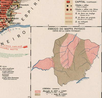 Mapa antiguo de Minas Gerais, Brasil en 1908 - Agricultura, Geología, Rocas, Suelo - Belo Horizonte, Uberlandia, Uberaba, Juiz de Fora, Curvelo