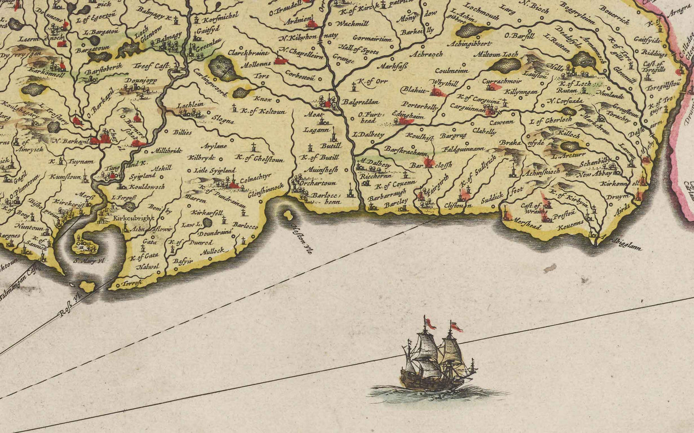 Old Map of Galloway in 1665 by Joan Blaeu - Dumfries, Glenluce, Wigtown, Whithorn, Drummore