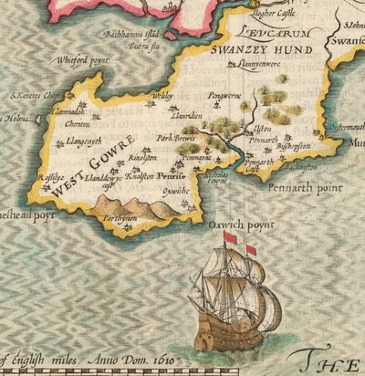 Mapa antiguo de Glamorgan Gales, 1611 de John Speed ​​- Cardiff, Swansea, Bridgend, Port Talbot, Barry