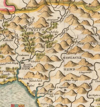 Mapa antiguo de Glamorgan Gales, 1611 de John Speed ​​- Cardiff, Swansea, Bridgend, Port Talbot, Barry