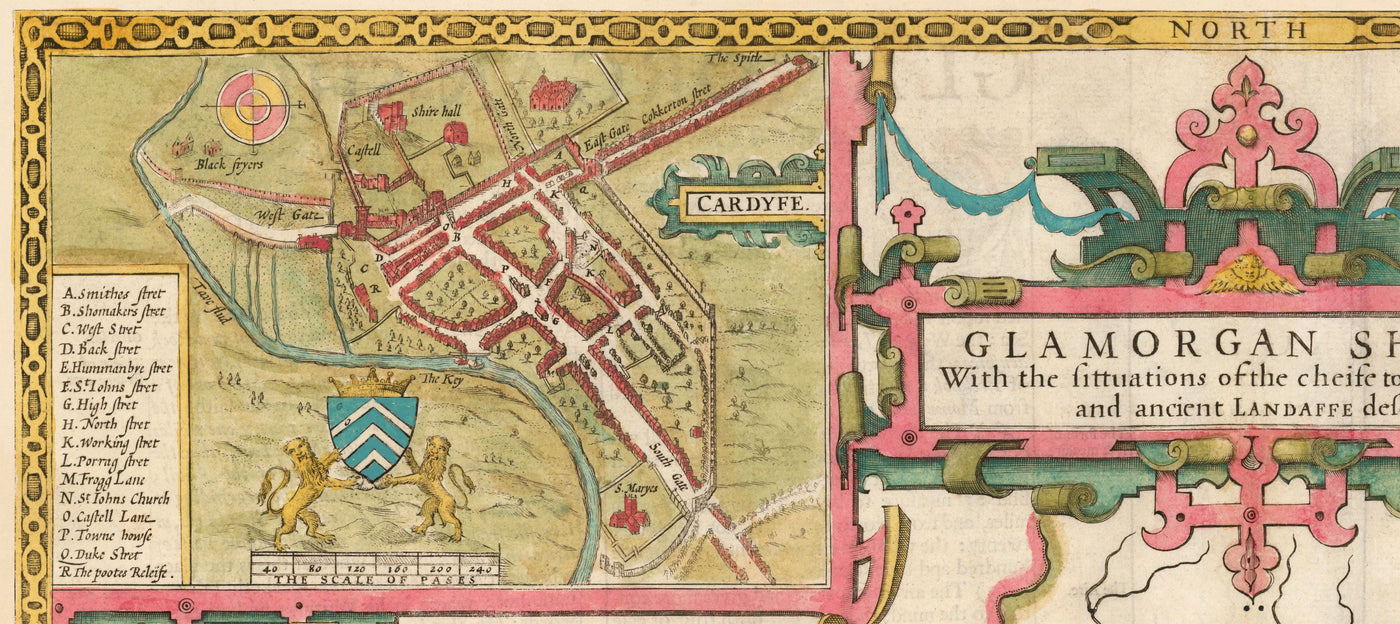 Mapa antiguo de Glamorgan Gales, 1611 de John Speed ​​- Cardiff, Swansea, Bridgend, Port Talbot, Barry