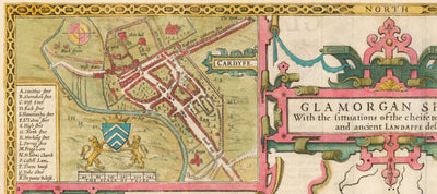 Mapa antiguo de Glamorgan Gales, 1611 de John Speed ​​- Cardiff, Swansea, Bridgend, Port Talbot, Barry