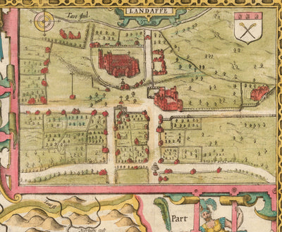 Mapa antiguo de Glamorgan Gales, 1611 de John Speed ​​- Cardiff, Swansea, Bridgend, Port Talbot, Barry