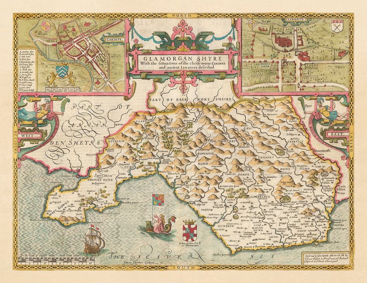 Mapa antiguo de Glamorgan Gales, 1611 de John Speed ​​- Cardiff, Swansea, Bridgend, Port Talbot, Barry