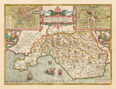 Mapa antiguo de Glamorgan Gales, 1611 de John Speed ​​- Cardiff, Swansea, Bridgend, Port Talbot, Barry
